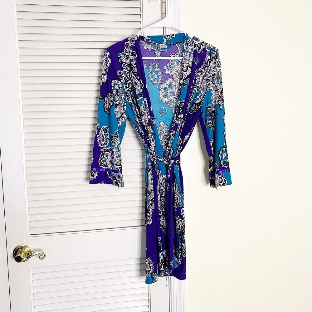 Linea Donatella Womens Blue Floral Kimono Nighty Size S/M Belted Paisley